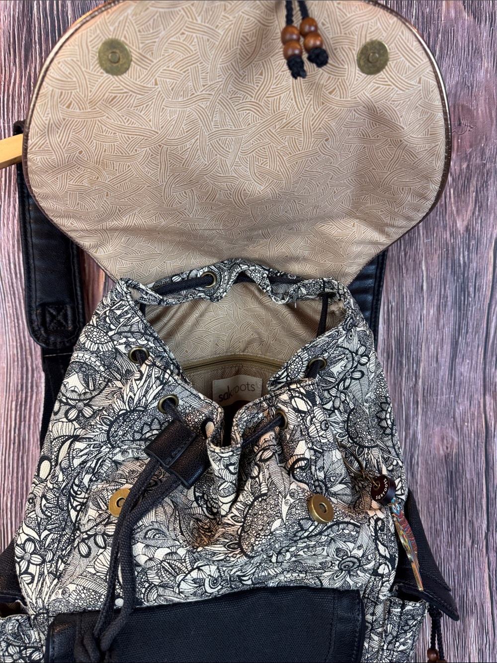 Sakroots Black and Cream Floral Canvas Backpack with Pink Accent Straps - Picture 7 of 14